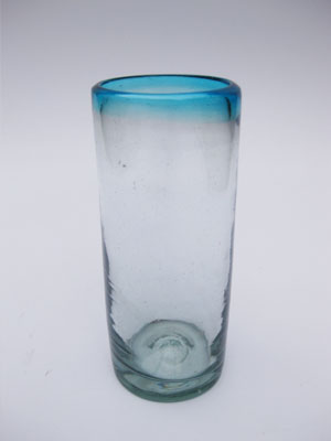 VIDRIO SOPLADO al Mayoreo / vasos tipo highball con borde azul aqua / Disfrute de mojitos, cubas o cualquier otra bebida refrescante con éstos elegantes vasos tipo highball.